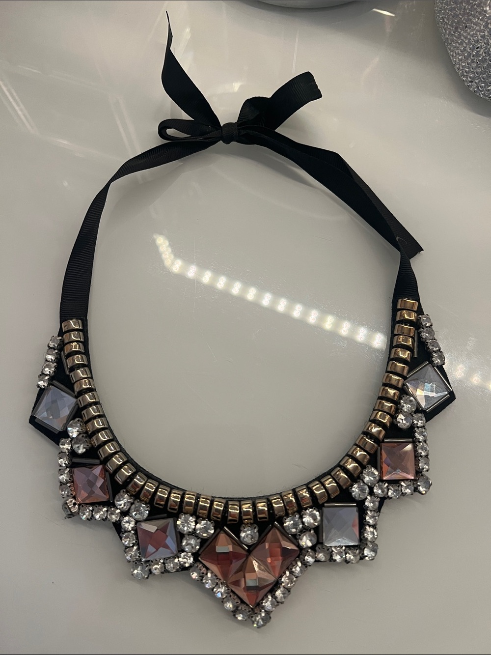 Rhinestone Bib Necklace with Black Ribbon - Pink and Gray Gems